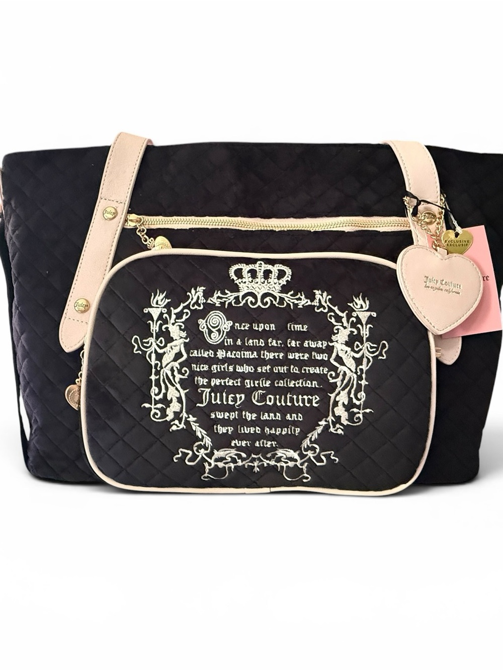 Juicy Couture Black Quilted Tote with Pale Pink Trim and Heart Charm